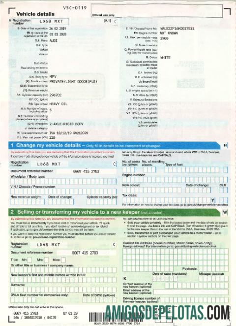 Motorista do Reino Unido, certificado de registro de veículo2 modelo